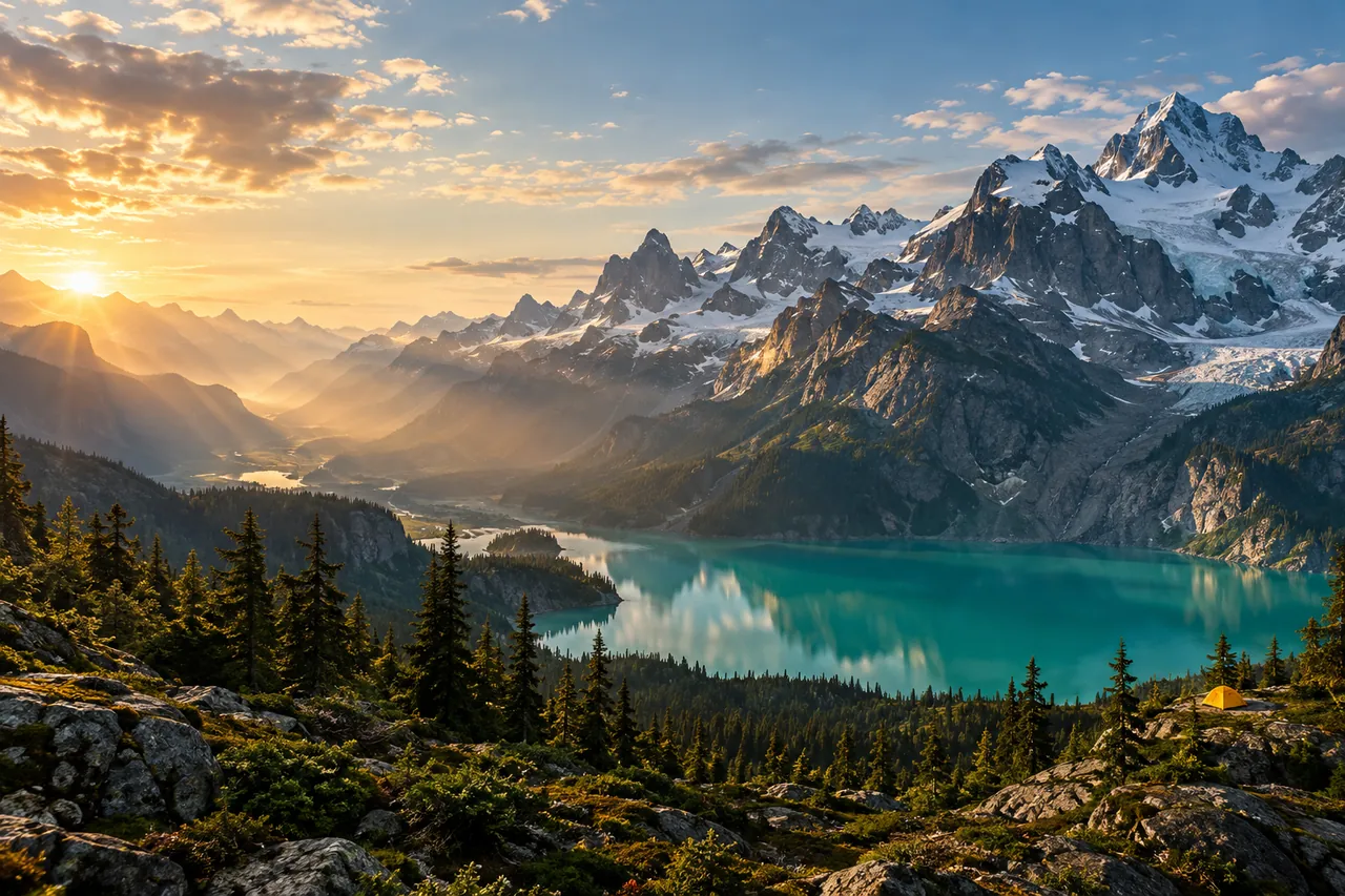 Sunrise over a turquoise alpine lake and snow-covered mountains