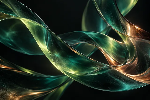 Flowing jade and copper glass ribbons on a dark background